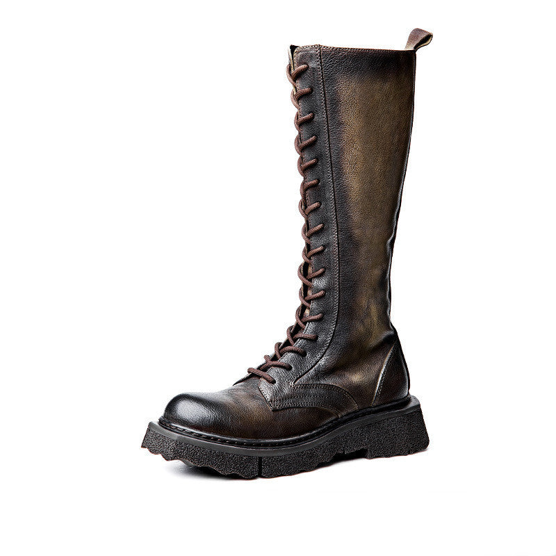 Men's Vintage Leather Martin Boots, Medium Heel, Brown