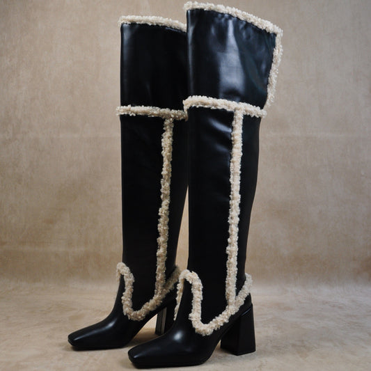 Lamb Hair Square Toe Leather Thick Heel High Boots