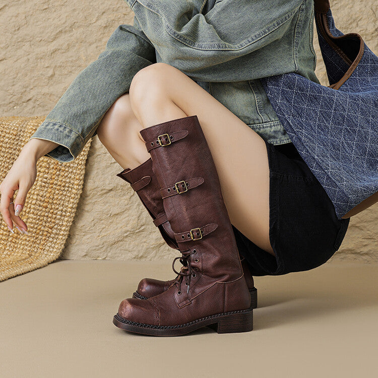 Women’s Round Toe Chunky Heel Leather Boots