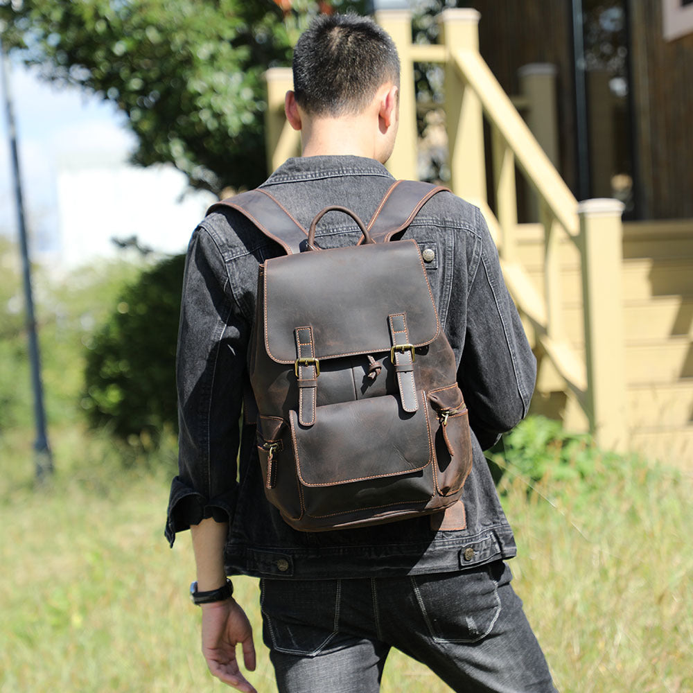Men’s Handmade Crazy Horse Leather Backpack, 20L