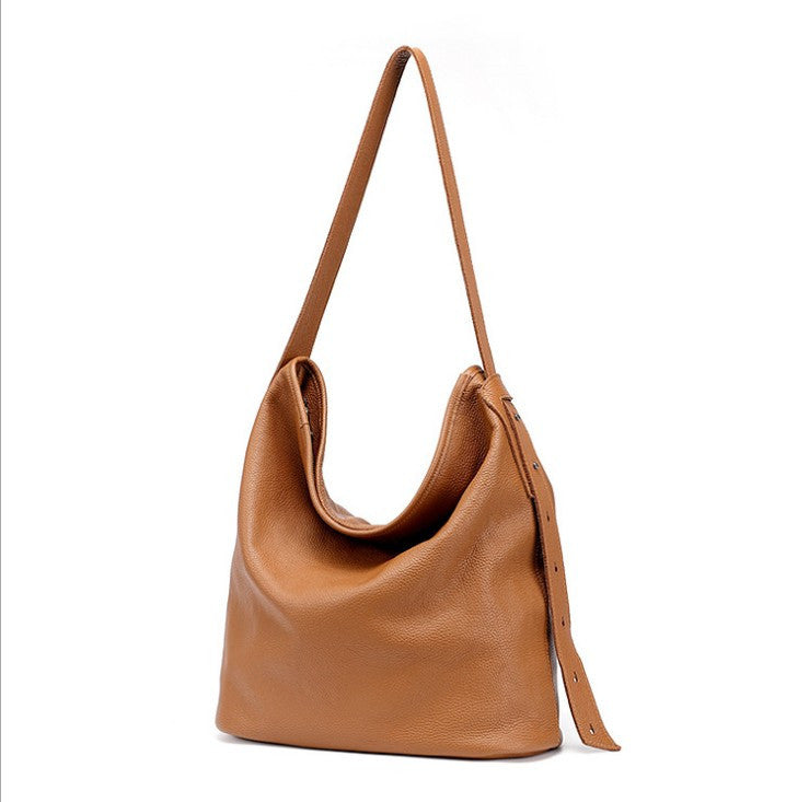 Large First Layer Cowhide Leather Bucket Bag - Black Khaki