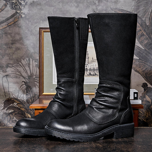 Men's Black Platform High Top Zip Boots, Cowhide Leather