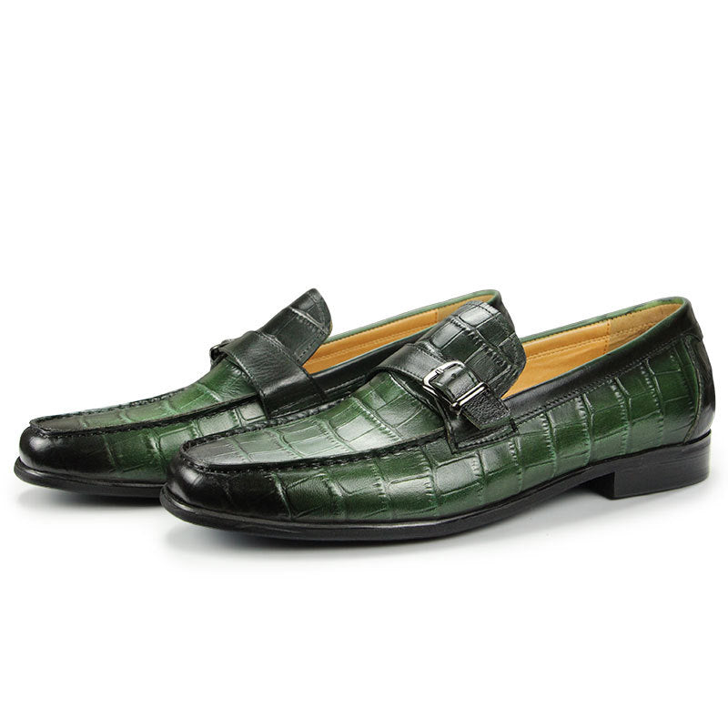 Men’s Slip-On Casual Cowhide Peas Shoes, Green/Black