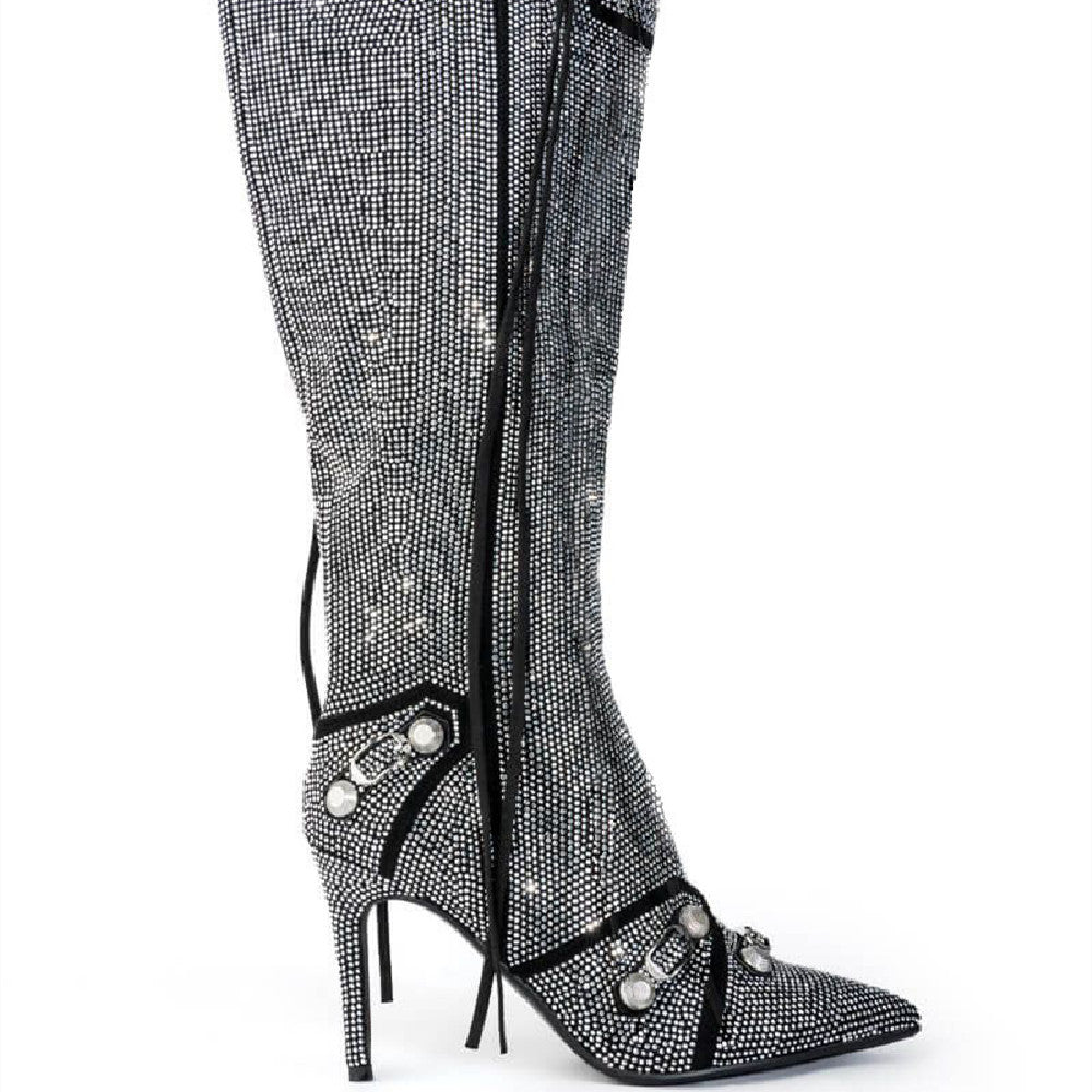 Needle Buckle Rhinestone Suede Slim Heel Boots