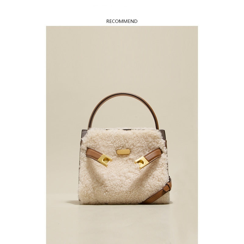 Large Lamb Wool Cowhide Leather Plush Bag, Autumn