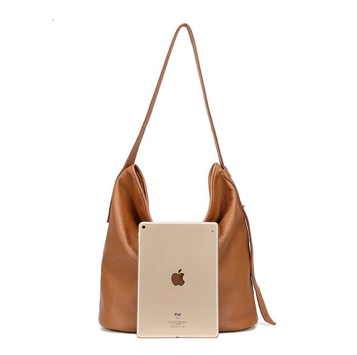 Large First Layer Cowhide Leather Bucket Bag - Black Khaki