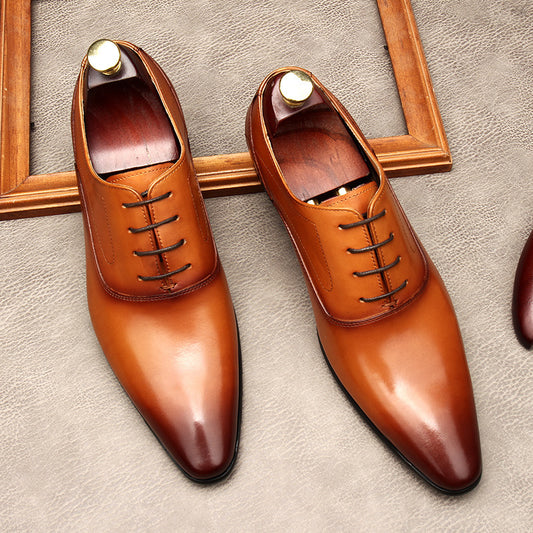 Men's Lace-up Pointed Formal Cowhide Leather Shoes