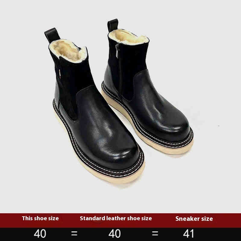Men's Leather Sheepskin Fur Snow Boots - Zippered Flat