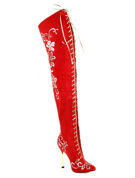 Elegant Embroidered Over-the-Knee Stiletto Boots