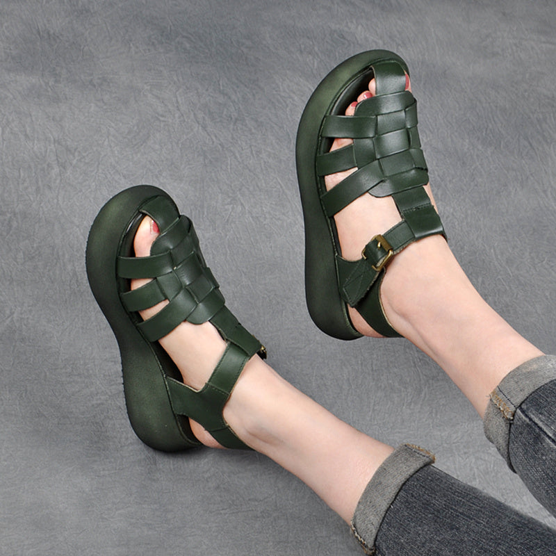 Leather Hollow Woven High Heel Platform Hollow Toe-toe Trifle Roman Sandals