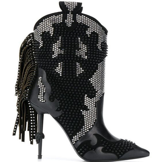 Women’s Colorblock Pointed Toe Fringe Short Boots