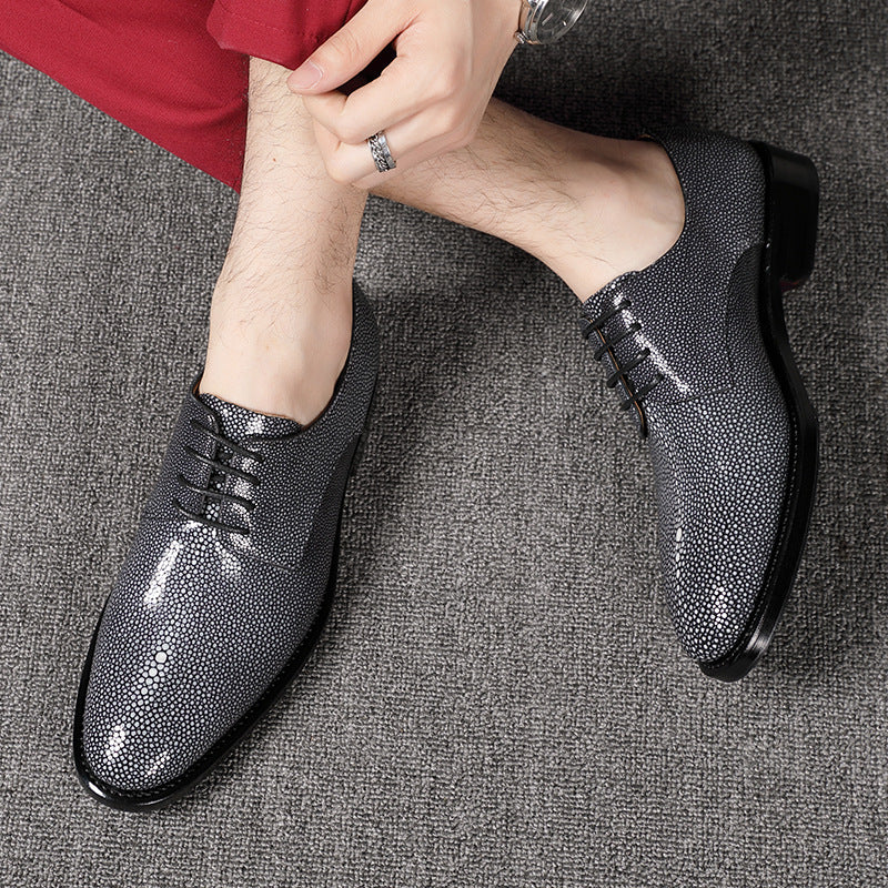 Silver Pearl Fish Skin Men's Lace-Up Leather Shoes
