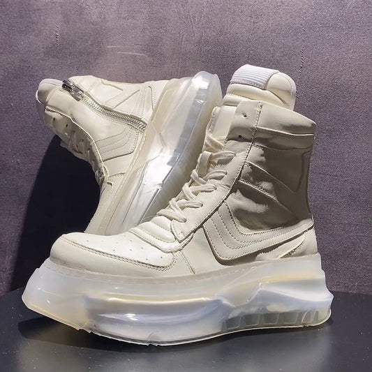 Men's White Leather High Top Sneakers, Rubber Sole