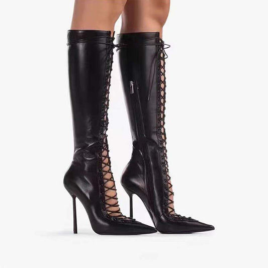 Pointed Toe Hollow Cross Lace-up Stiletto Boots