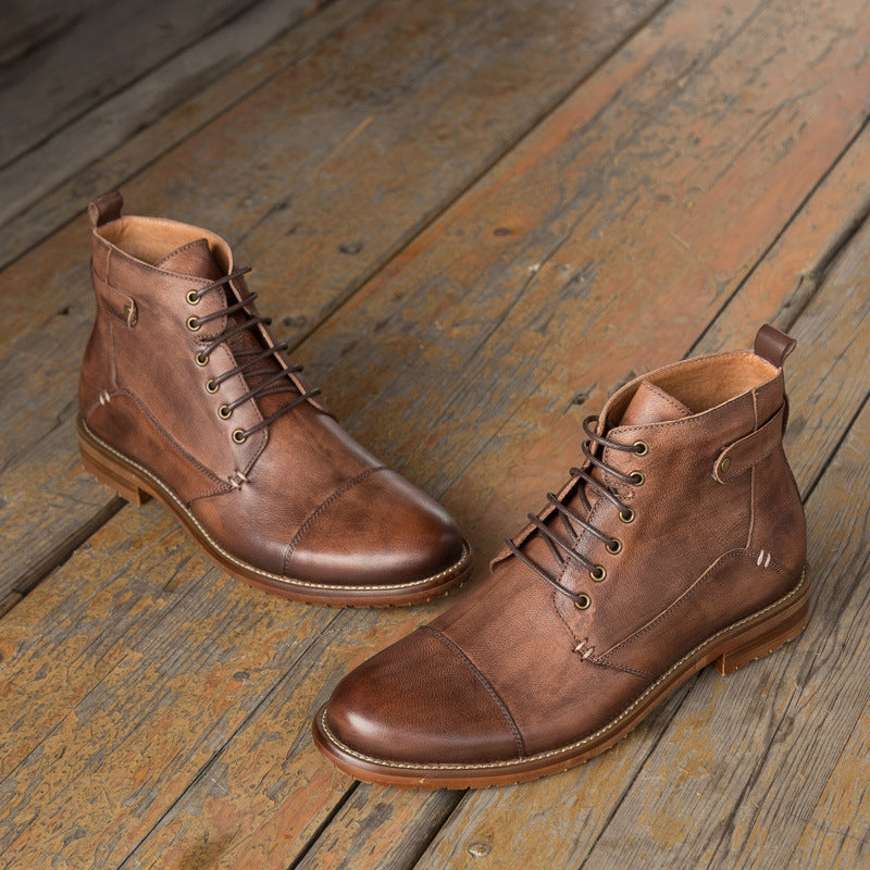 Men's Casual Lace-up High-top Cowhide Boots Winter