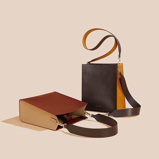 Women's Leather Bag with Wide Contrast Shoulder Straps