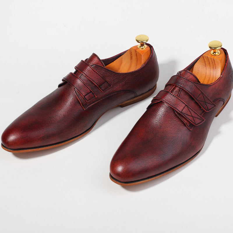 Handmade Vintage Men's Leather Shoes, Wine Red/Yellow