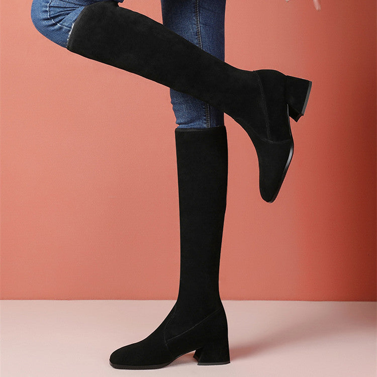 Korean Style Stretch Knee High Boots with Mid Heel