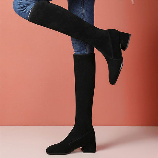 Korean Style Stretch Knee High Boots with Mid Heel
