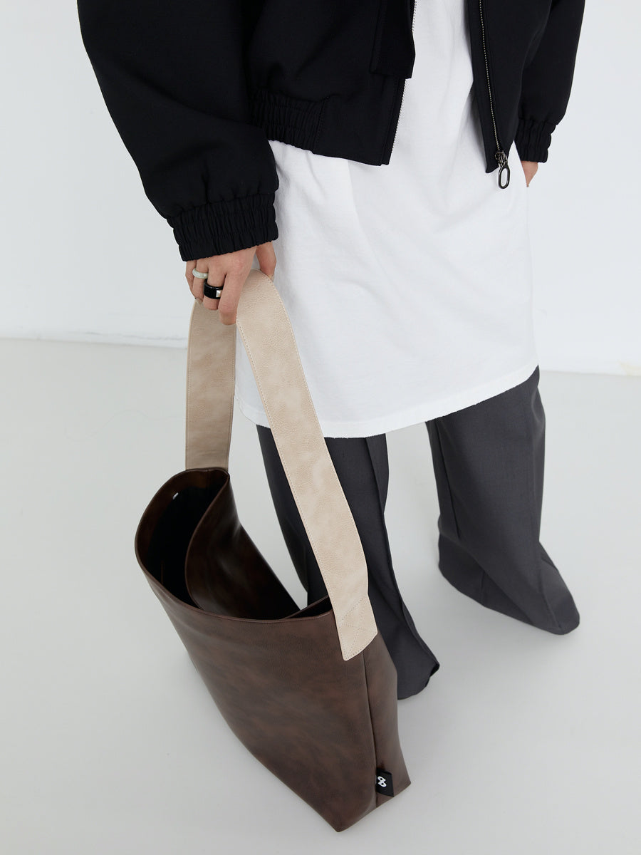 2-Color Wide Strap PU Leather Large Tote Bag
