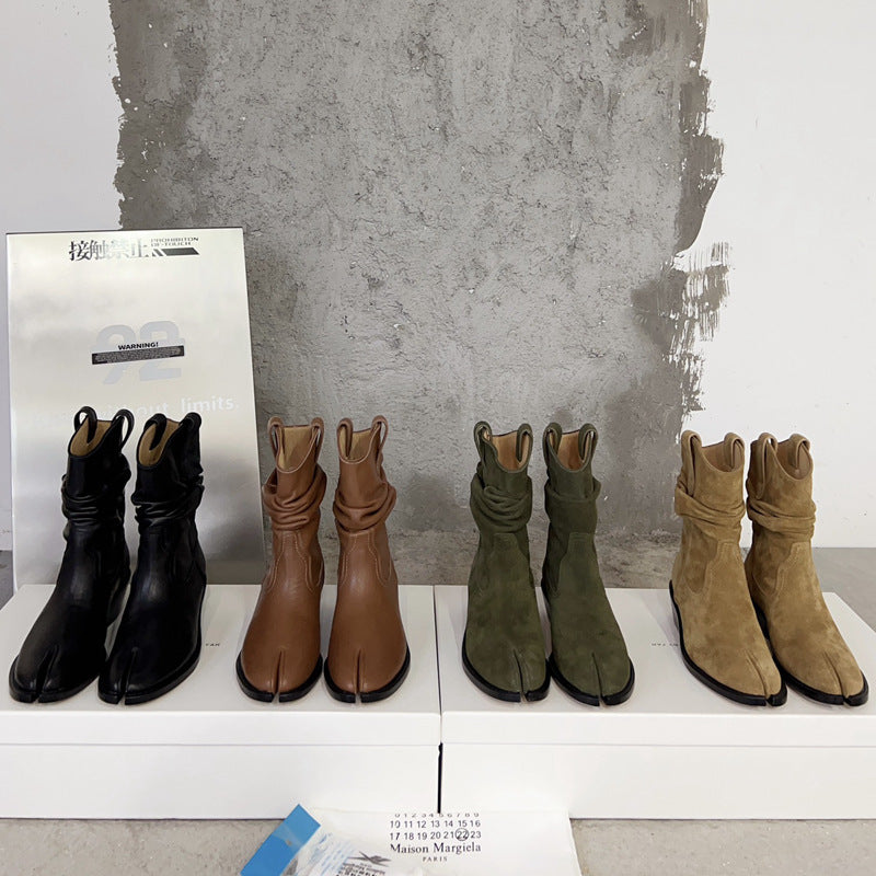 Round Toe Leather Split Toe Ankle Boots with Horseshoe Heel