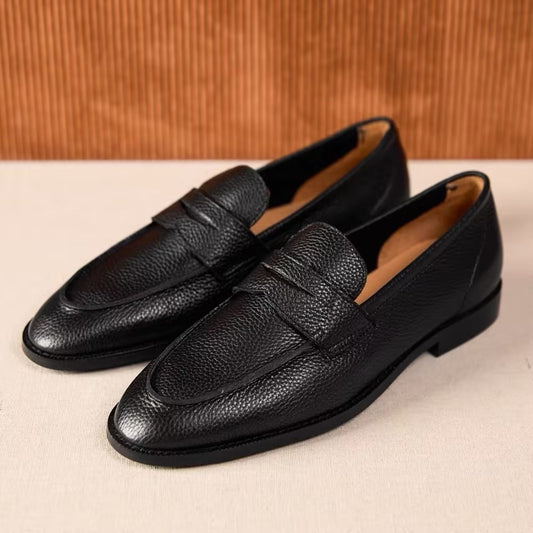 British Vintage Litchi Grain Cowhide Men’s Loafers Black