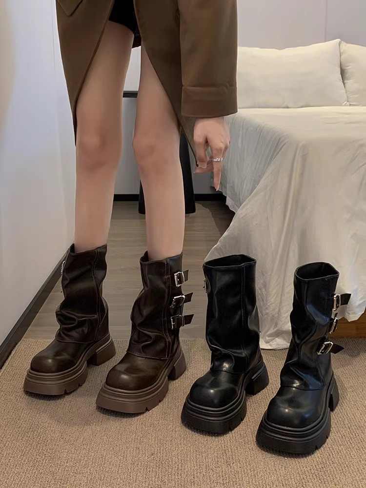 Genuine Leather Belt Buckle Platform Motorcycle Boots