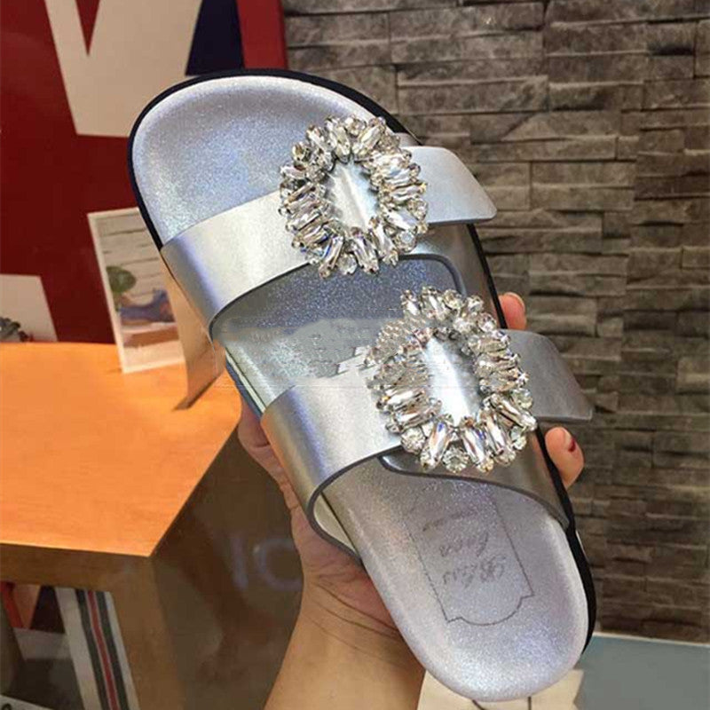 Women's Fashion Leather Rhinestone Square Buckle Flat Sandals