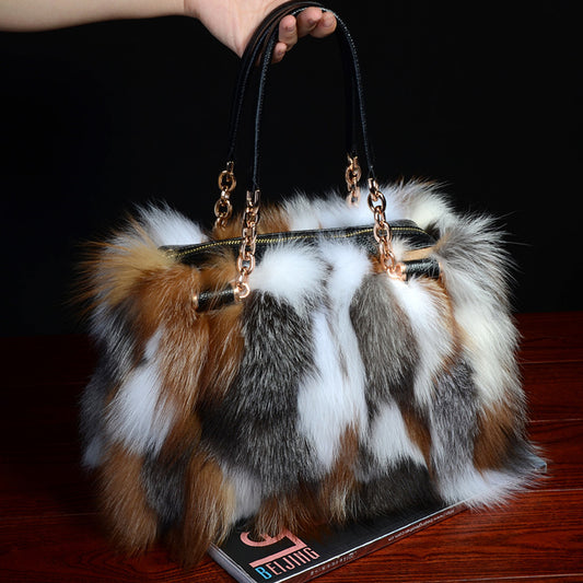 Medium Cowhide Handbag with Silver Fox Fur Stripe