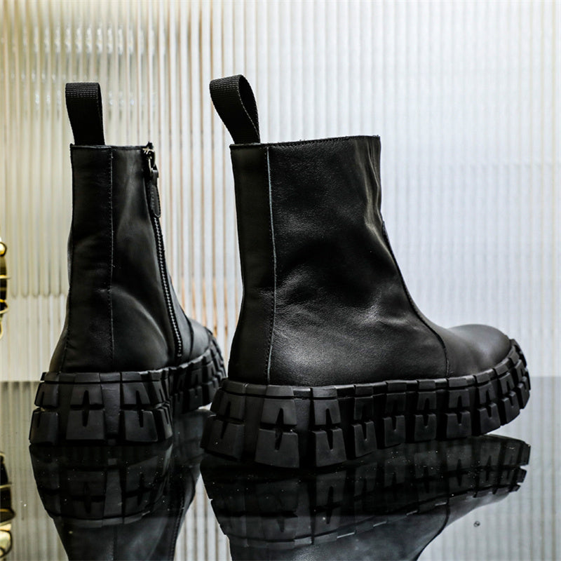 Men's Thick Sole Mid-Top Cowhide Motorcycle Boots
