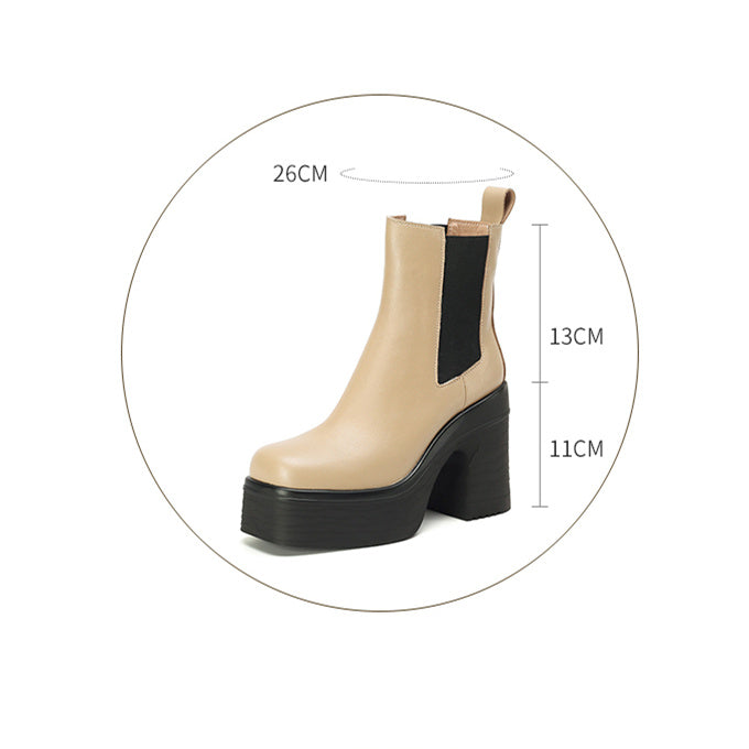 Square Toe Chunky Heel Platform Ankle Boots - Apricot/Black