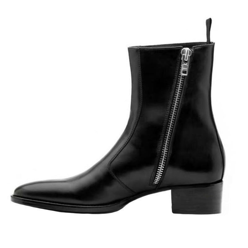 Men's Leather Pointed Toe Zipper Martin Boots Black
