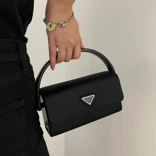Versatile Dark Black PU Nylon Square Handbag