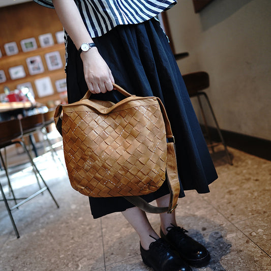 Large Earthy Yellow Cowhide Bucket Bag - Woven Detail