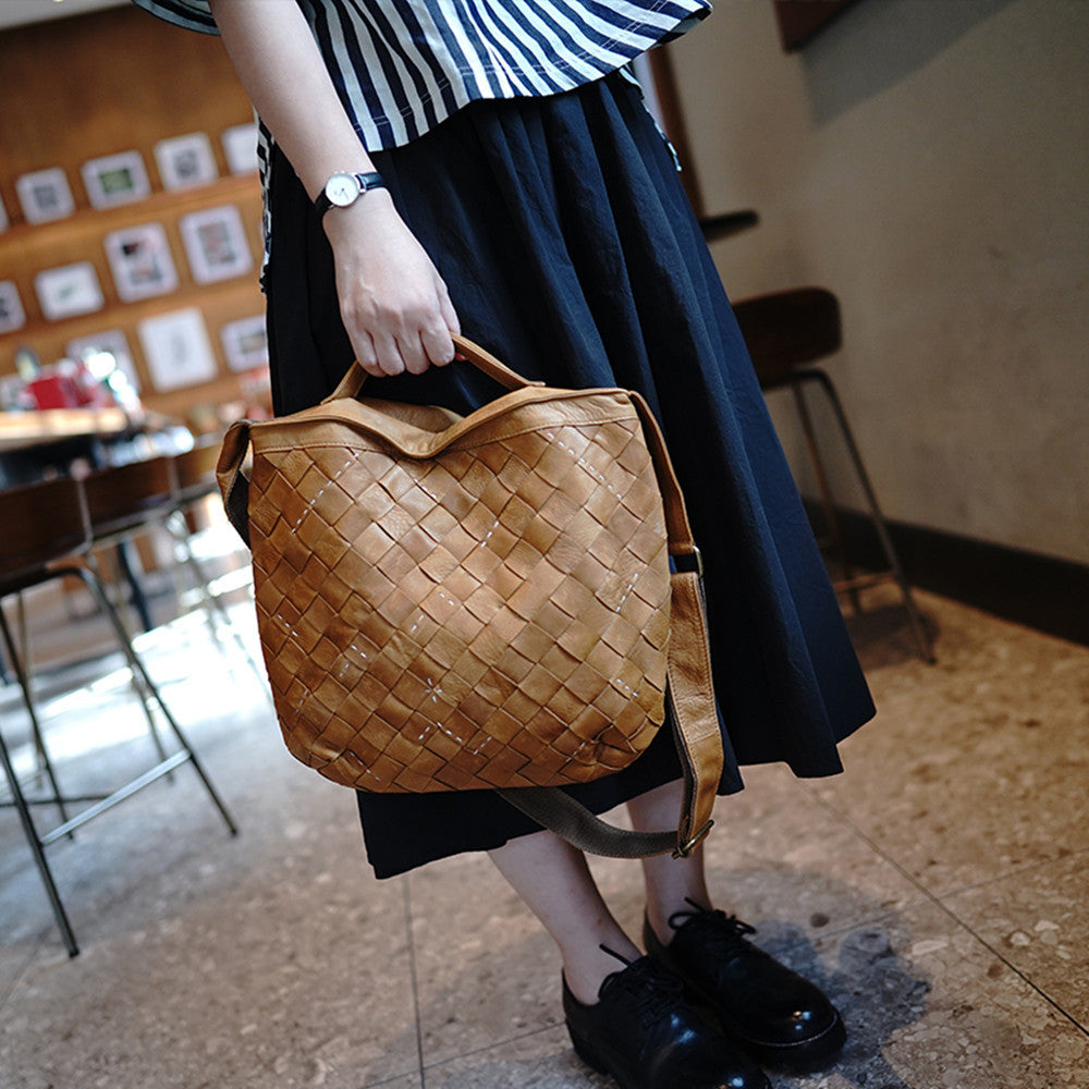 Large Earthy Yellow Cowhide Bucket Bag - Woven Detail