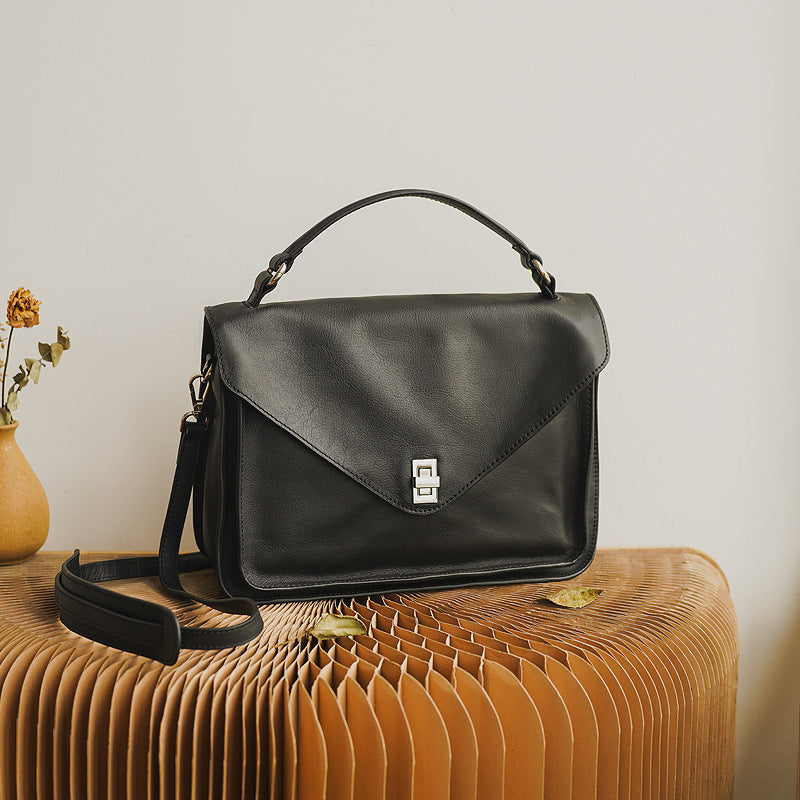 Genuine Soft Cowhide Leather Messenger Bag, Black/Yellow