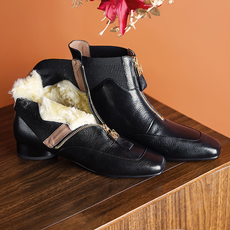 Sheepskin Fur Snow Boots with Front Zipper, Black/Brown