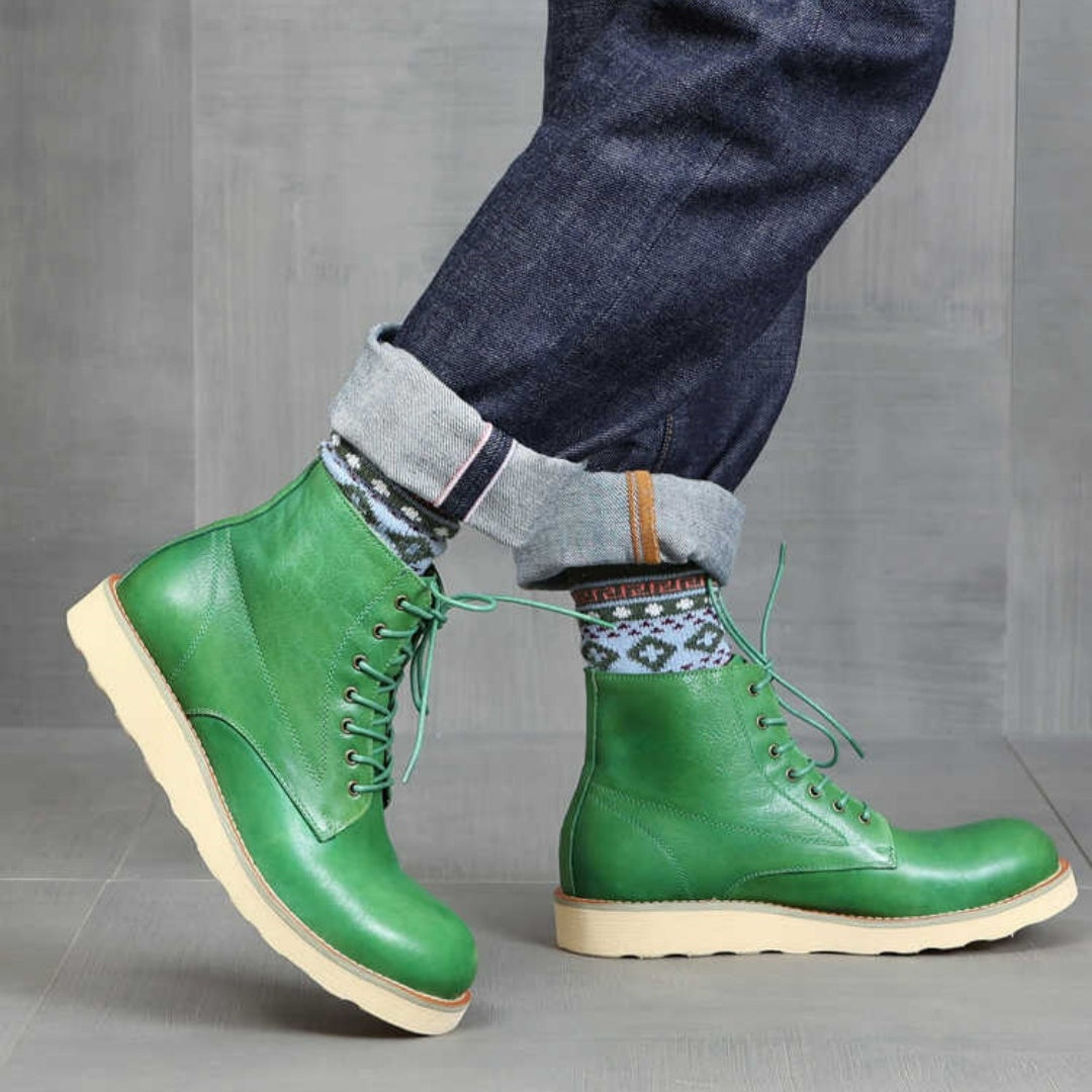 Retro Distressed Green Worker Boots | Breathable Leather