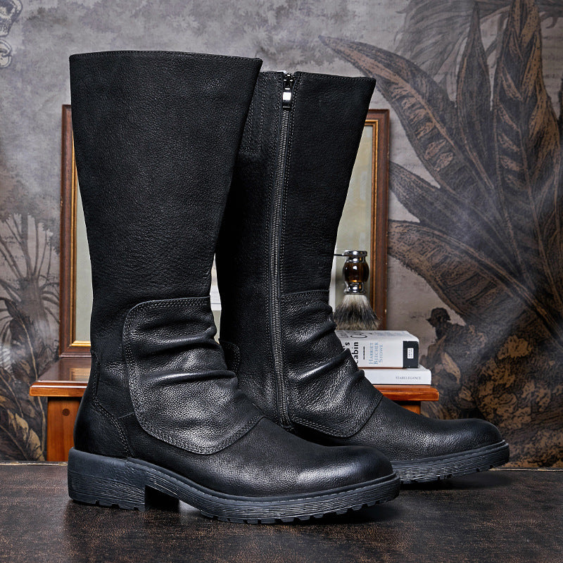 Men's Black Platform High Top Zip Boots, Cowhide Leather