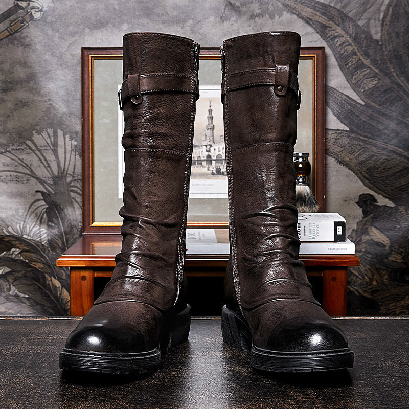 Men's High Top Platform Biker Boots, Side Zip, Black/Brown