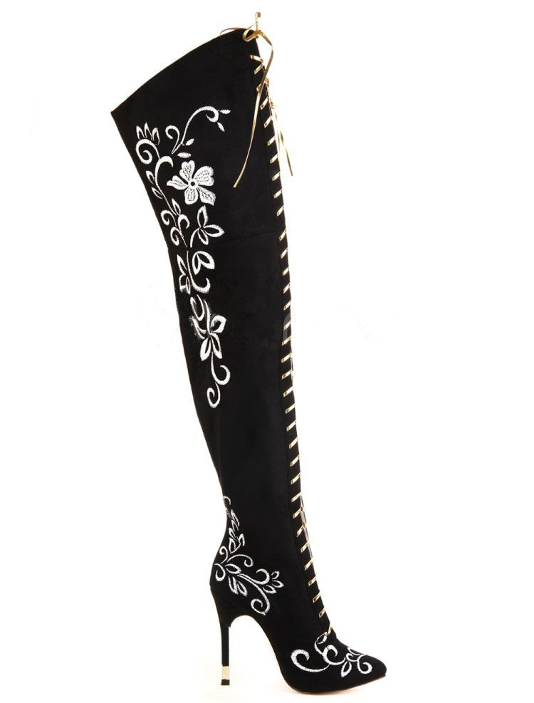 Elegant Embroidered Over-the-Knee Stiletto Boots