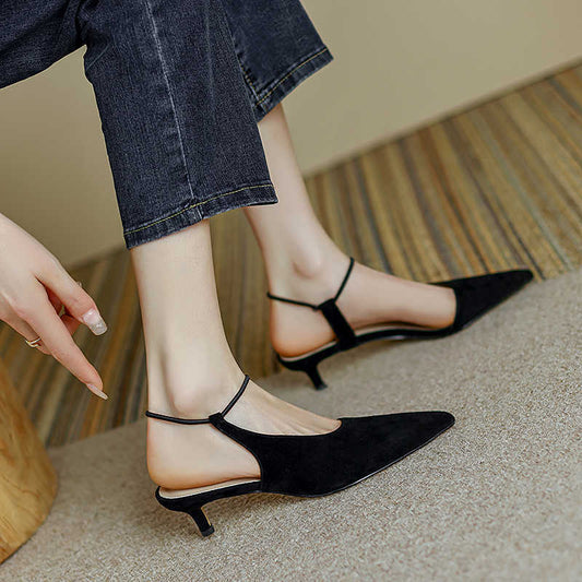 Leather Semi-Toe Buckle Sandals - Medium Stiletto Heel