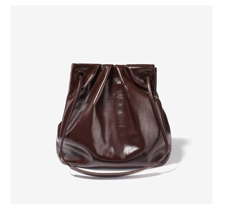 Women's Oil Wax Leather Drawstring Bucket Bag - Multi Color