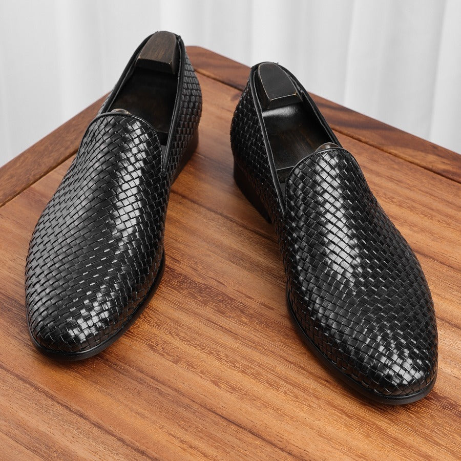 Men’s Cowhide Woven Slip-On Business Leather Shoes