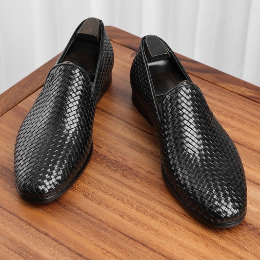 Men’s Cowhide Woven Slip-On Business Leather Shoes
