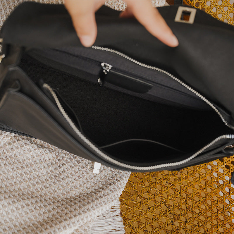 Genuine Soft Cowhide Leather Messenger Bag, Black/Yellow