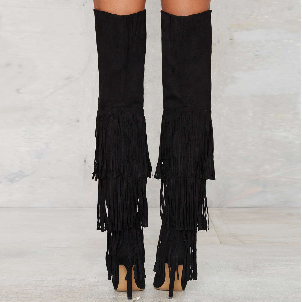 Fringed Suede Over-the-Knee Stiletto Boots