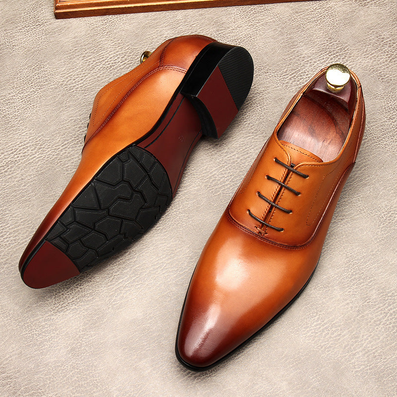 Men's Lace-up Pointed Formal Cowhide Leather Shoes