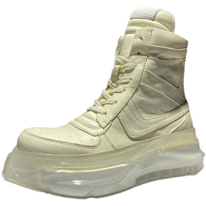 Men's White Leather High Top Sneakers, Rubber Sole