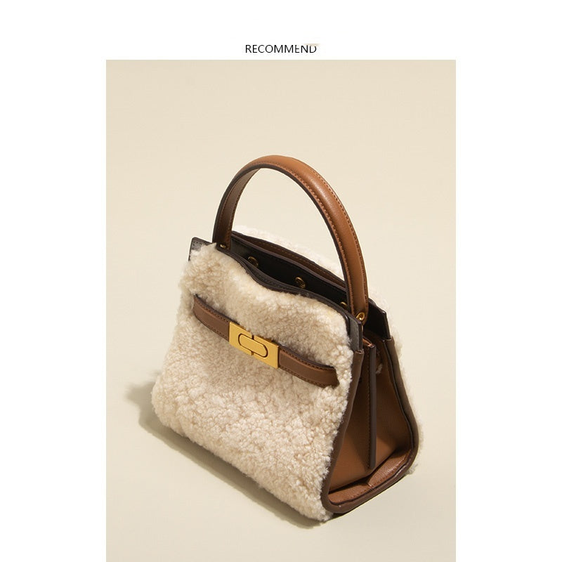 Large Lamb Wool Cowhide Leather Plush Bag, Autumn